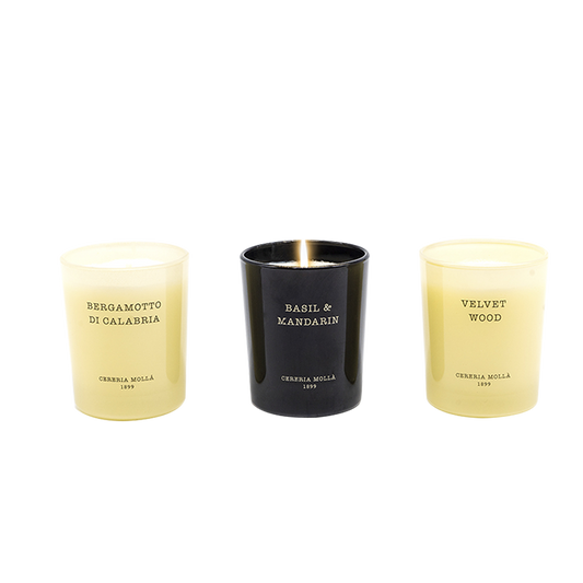 Bergamotto di Calabria, Basil & Mandarin, Velvet Wood - 3 x 75g Luxury Candle Gift Set - Cereria Molla